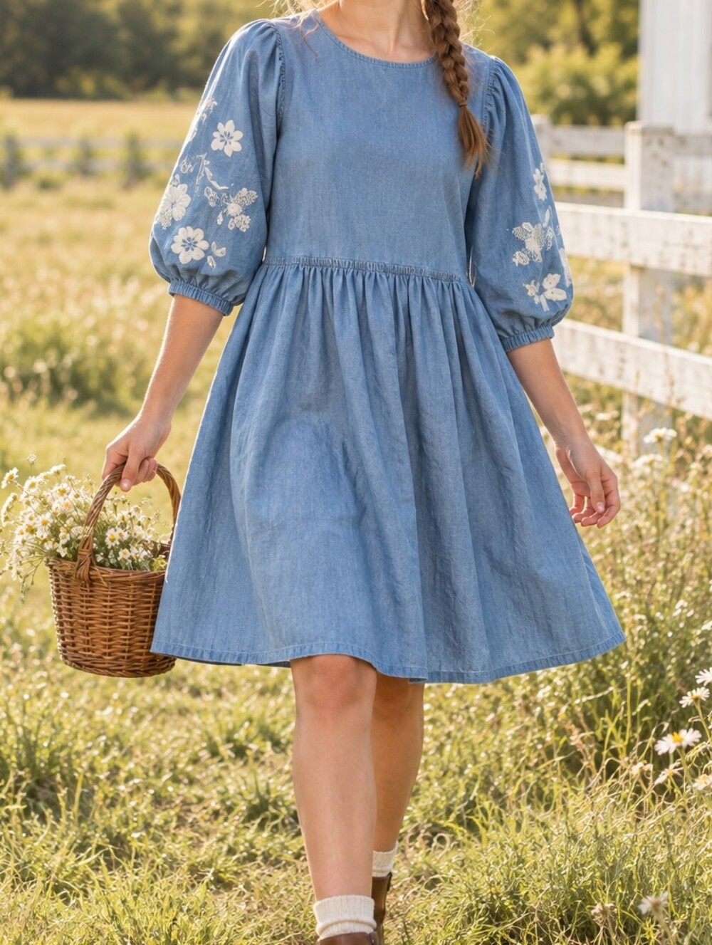 Girls Chambray Dress 18 Blue Floral Embroidered Puff Sleeve Prairie Boho Photos